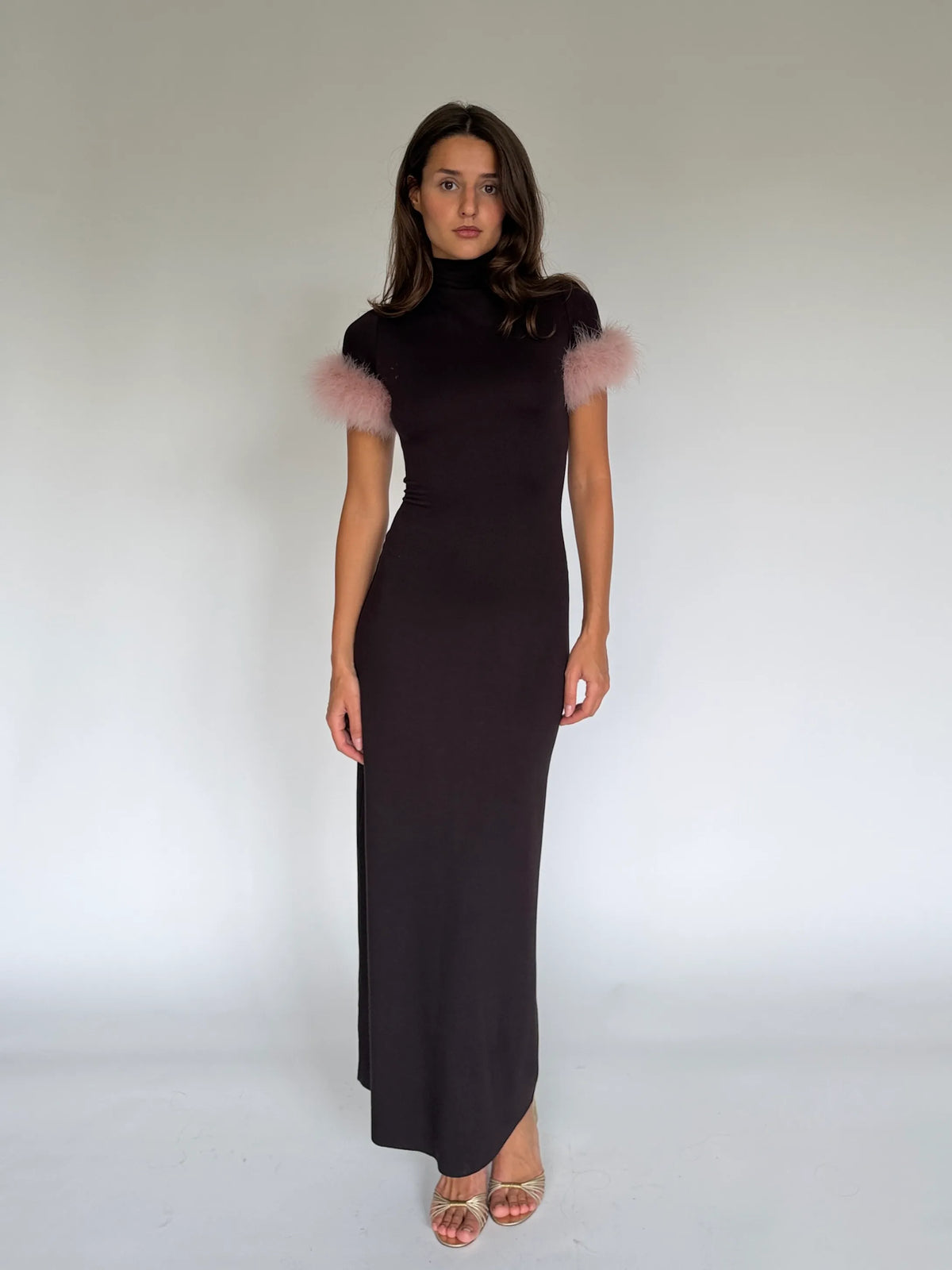 SIENA chocolate maxi dress, front view with the hem brushing the floor