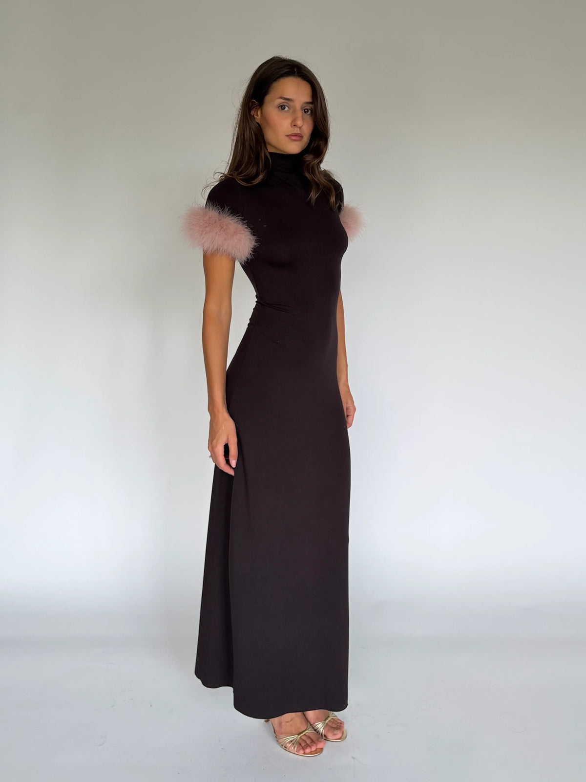 SIENA chocolate maxi dress, three-quarter view showing the straight silhouette falling to the floor